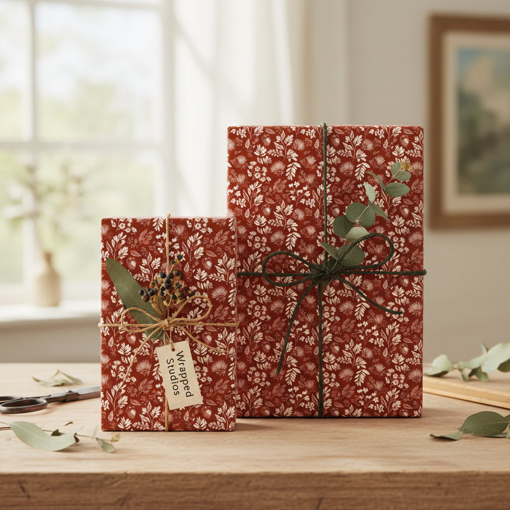 Elegant floral wrapping paper on gifts tied with twine and greenery, warm rustic style.