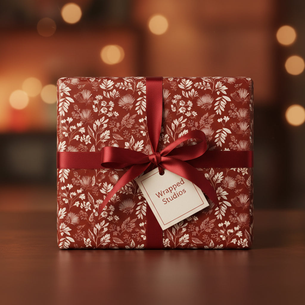 Elegant gift wrapped in botanical print wrapping paper with a satin ribbon bow.
