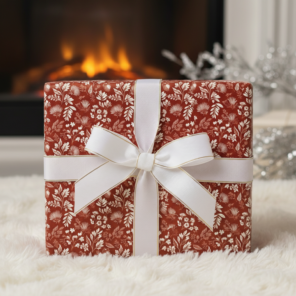 Elegant Christmas gift wrap with white ribbon, featuring a rustic red floral pattern perfect for holiday presents.