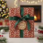Elegant Christmas gift wrapped in rustic floral wrapping paper with a dark green ribbon and "Merry & Bright" tag.