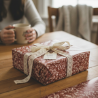 Rustic floral wrapping paper on a gift with lace ribbon and "With love" tag, perfect for a thoughtful present.