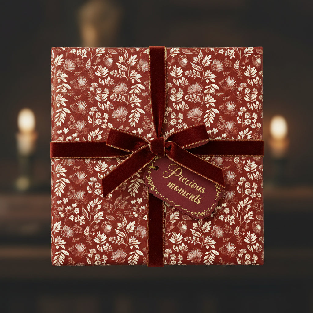 Elegant gift box wrapped in rustic floral wrapping paper with a velvet burgundy ribbon and "precious moments" tag.