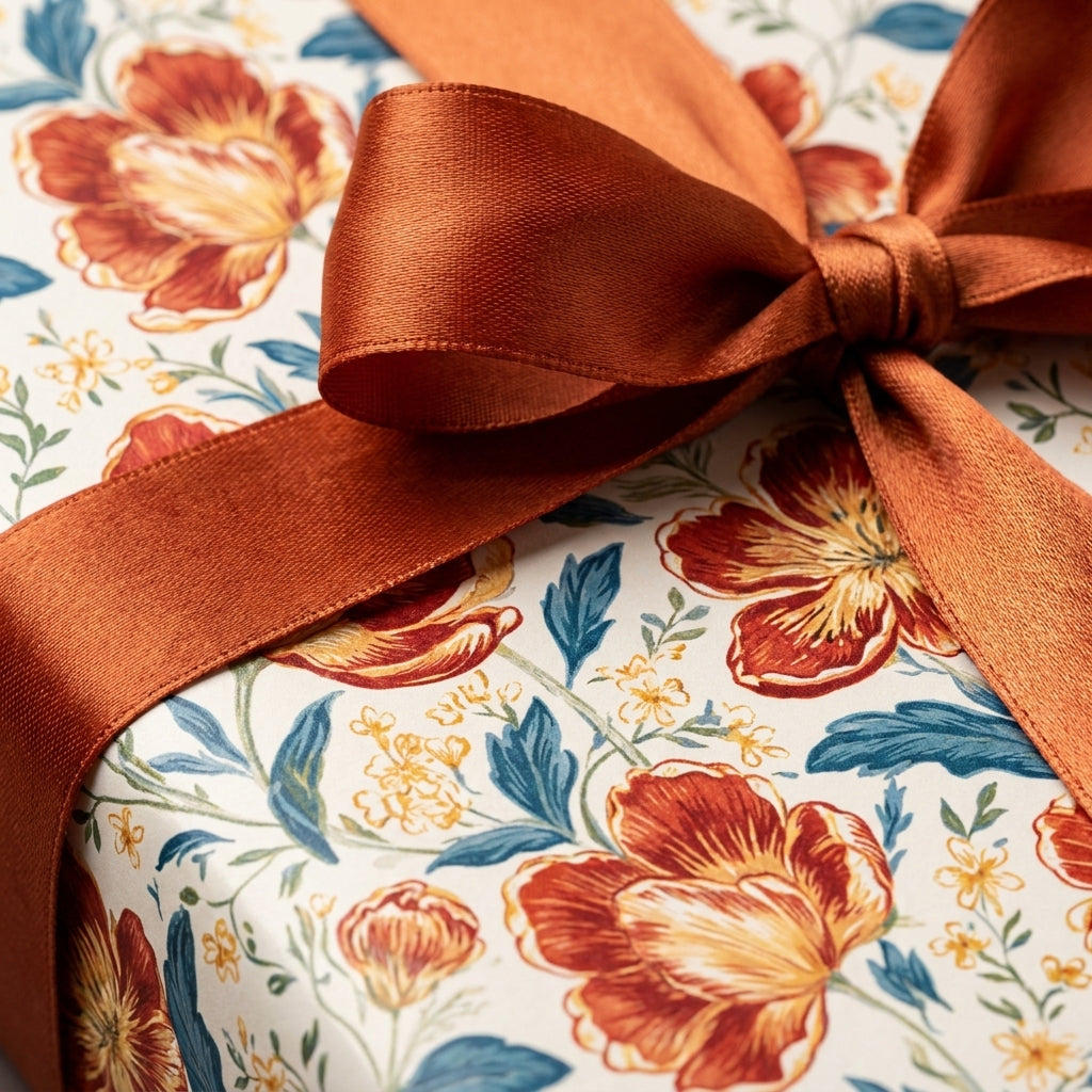 Vintage floral wrapping paper with rust orange flowers and satin ribbon bow by Wrapped Studios.