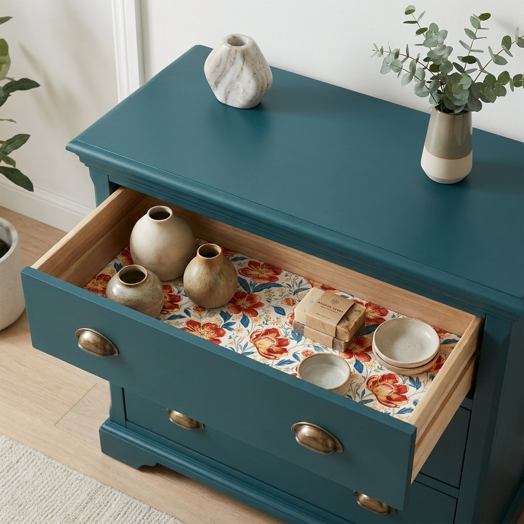 Vintage floral wrapping paper lining a teal dresser drawer, by Wrapped Studios.