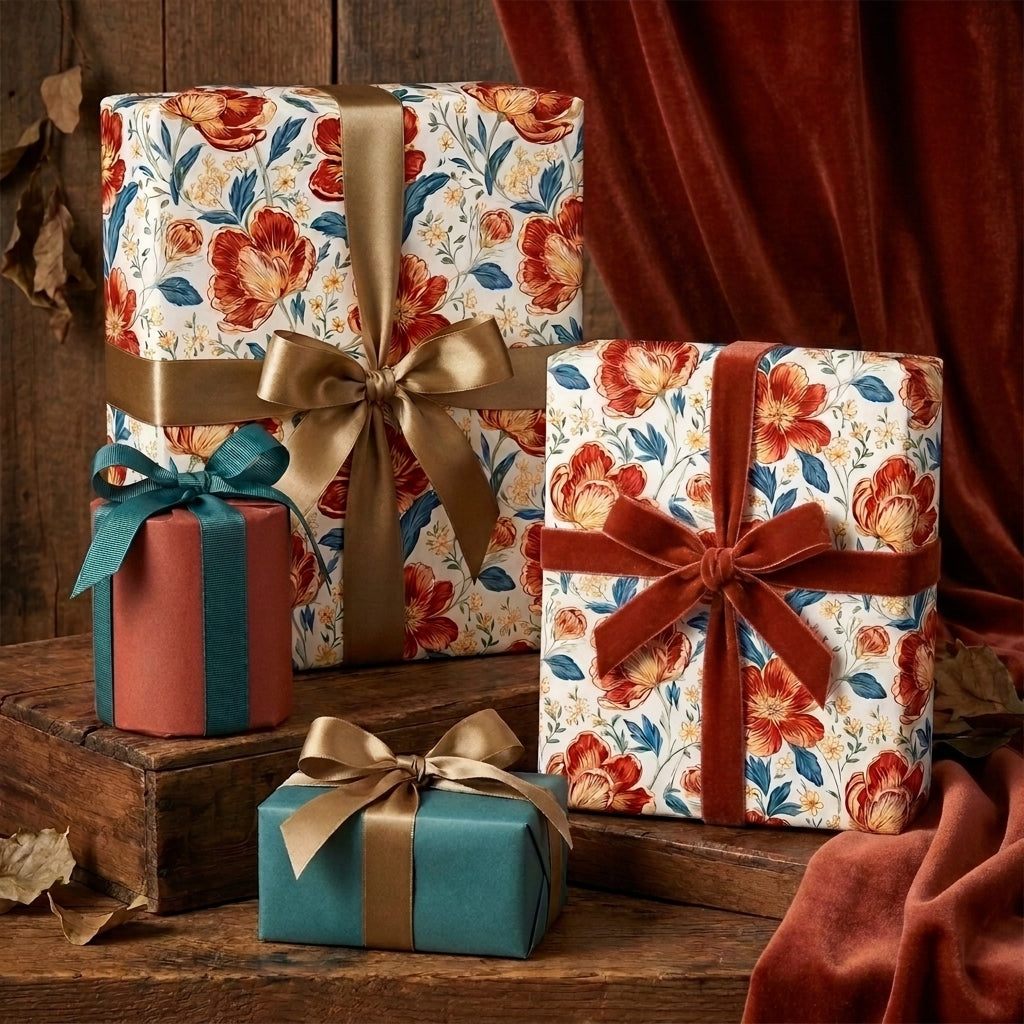 Elegant floral wrapping paper with rust orange flowers and luxury velvet ribbon by Wrapped Studios.