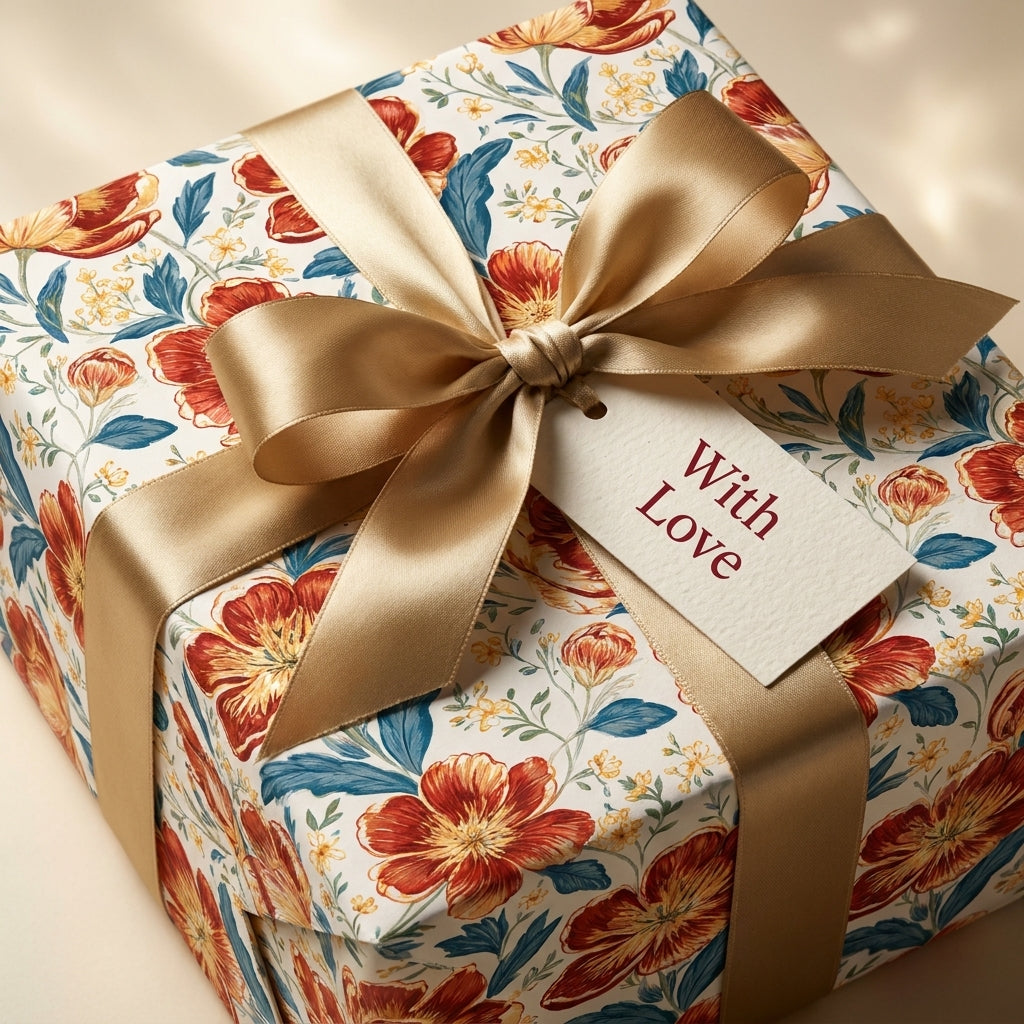 Luxury vintage floral wrapping paper with gold satin bow and "With Love" tag by Wrapped Studios.