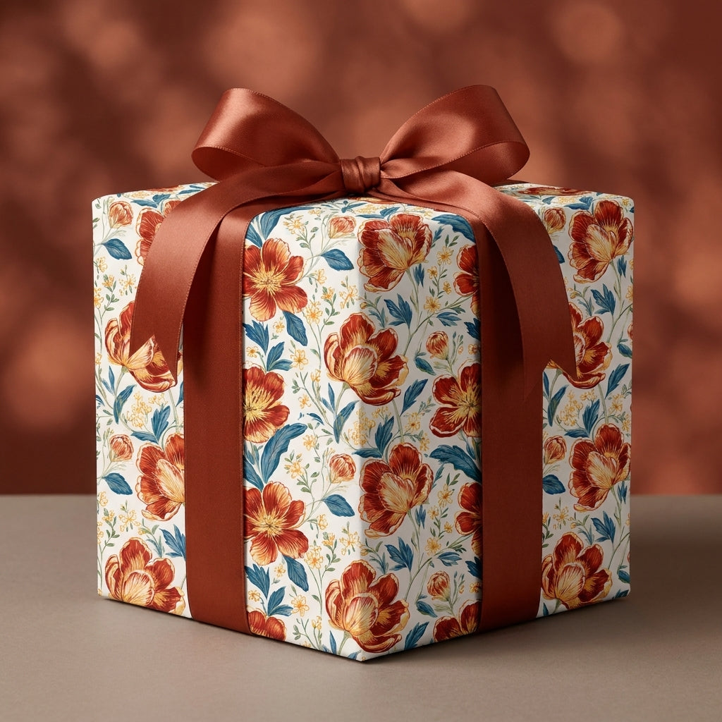 Luxury floral wrapping paper with rust orange flowers and a brown satin ribbon by Wrapped Studios.
