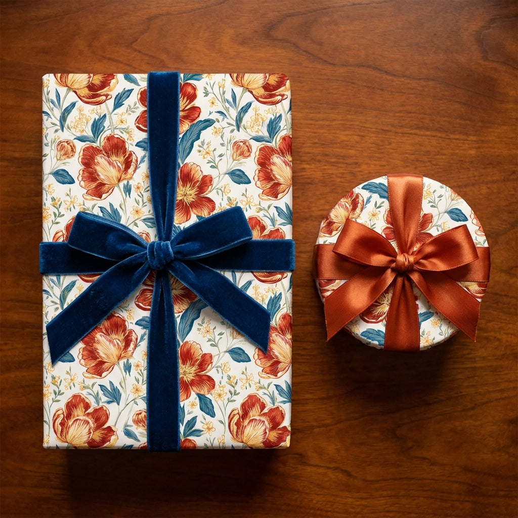 Luxury vintage floral wrapping paper with blue velvet and copper ribbons by Wrapped Studios.