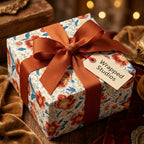Luxury vintage floral wrapping paper with a rust orange ribbon bow by Wrapped Studios.
