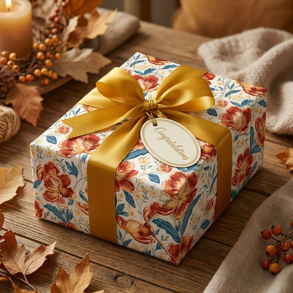Autumn floral wrapping paper by Wrapped Studios on a gift box with a luxury gold ribbon and Congratulations tag.
