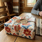 Vintage floral wrapping paper with red flowers, twine bow, and Joy tag by Wrapped Studios.