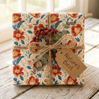 Vintage floral wrapping paper by Wrapped Studios on a gift box tied with rustic twine and berries.