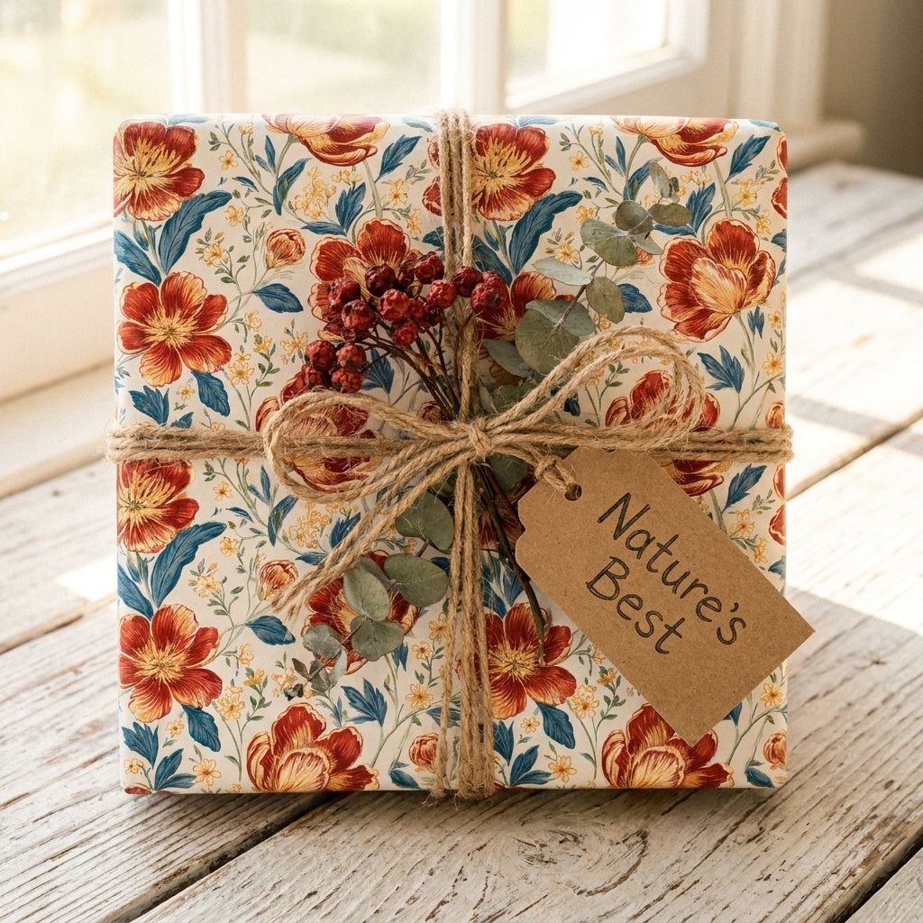Vintage floral wrapping paper by Wrapped Studios on a gift box tied with rustic twine and berries.