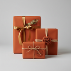 Elegant rust orange wrapping paper on gifts with gold ribbon, twine bow, and flower embellishment.