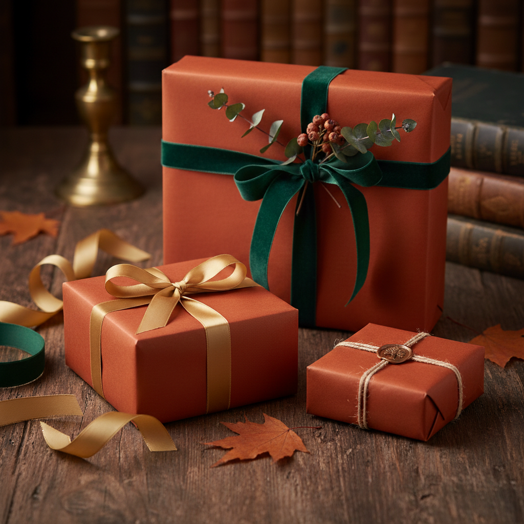 Burnt orange gift wrap mockup with green velvet ribbon, gold satin bow, and rustic twine on wood for fall presents.