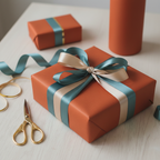 Elegant burnt orange gift box with teal and gold ribbon bow for birthday or special occasion wrapping paper.