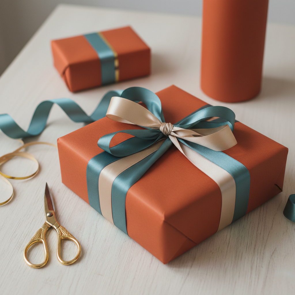 Elegant burnt orange gift box with teal and gold ribbon bow for birthday or special occasion wrapping paper.