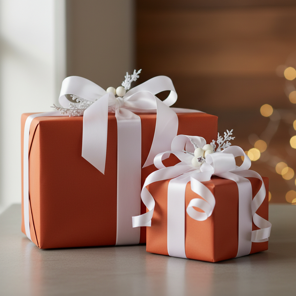 Two wrapped gifts: rust-colored wrapping paper with white satin ribbon and decorative sprigs for Christmas or holiday gifts.
