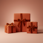 Elegant gift boxes wrapped in terracotta paper with velvet ribbon for birthday, Christmas, or special occasion.