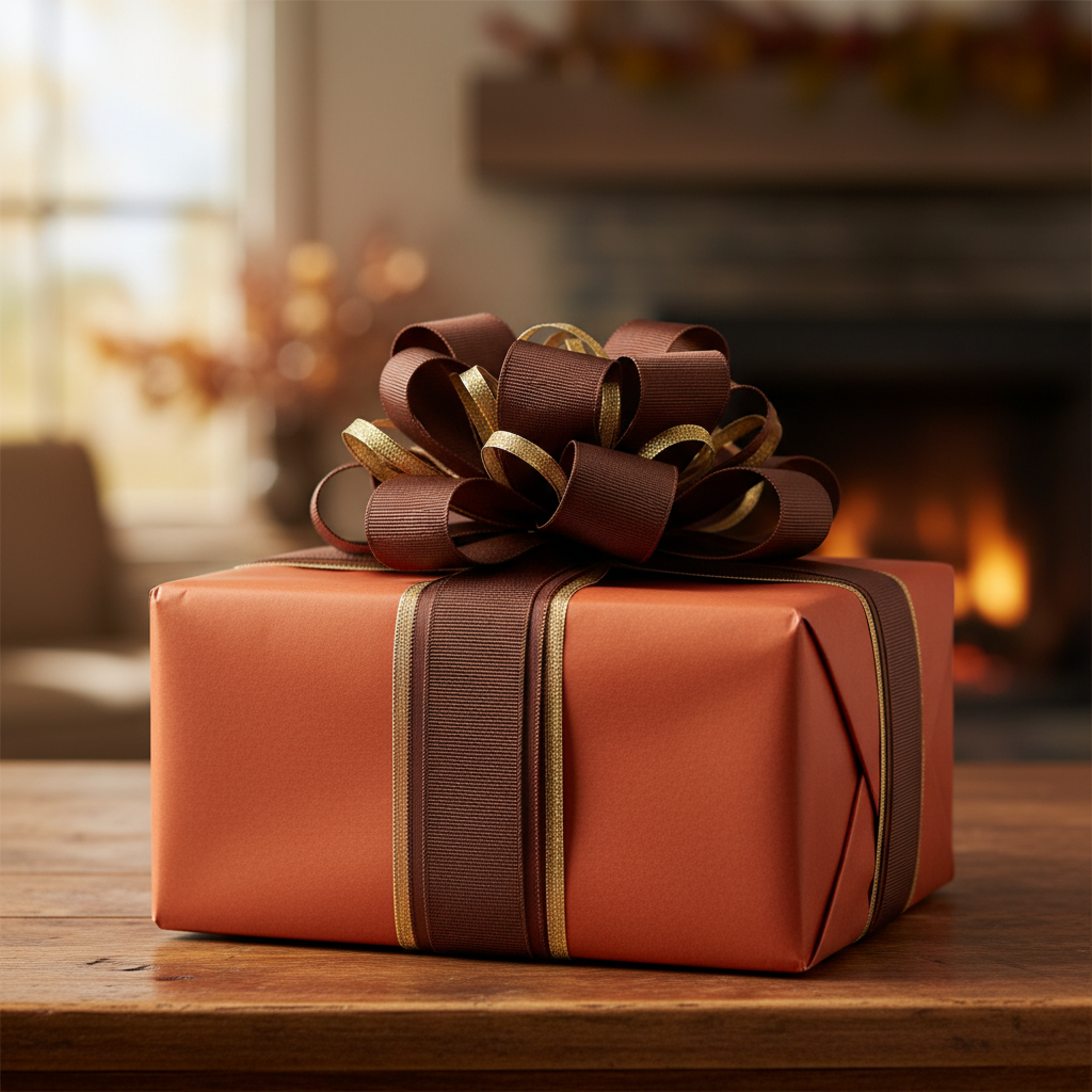Elegant autumn-themed gift wrap. Solid copper wrapping paper with brown & gold ribbon bow, festive holiday background.