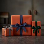 Elegant burnt orange gift wrapping paper with velvet ribbon bows for presents.
