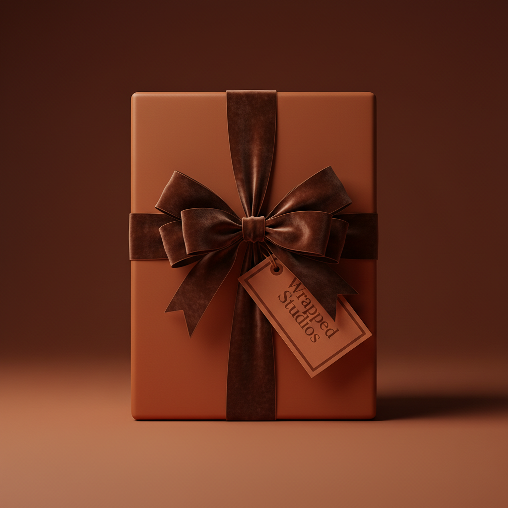 Elegant gift wrapped in solid brown paper with a velvet bow; perfect for birthdays or special occasions.