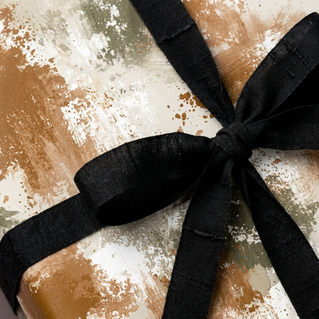 Modern abstract wrapping paper with olive green and ochre paint strokes and a black ribbon bow by Wrapped Studios.