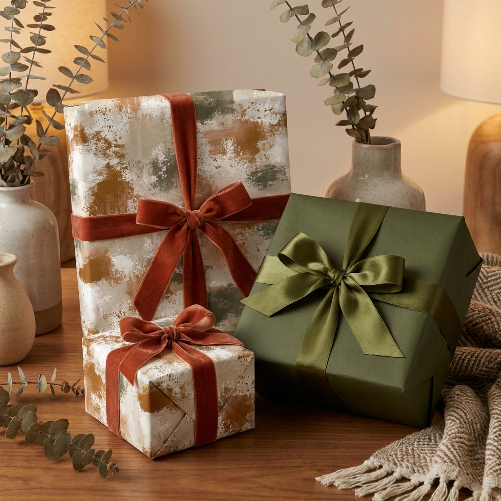 Earthy abstract and olive green luxury gift wrap with velvet ribbons by Wrapped Studios.