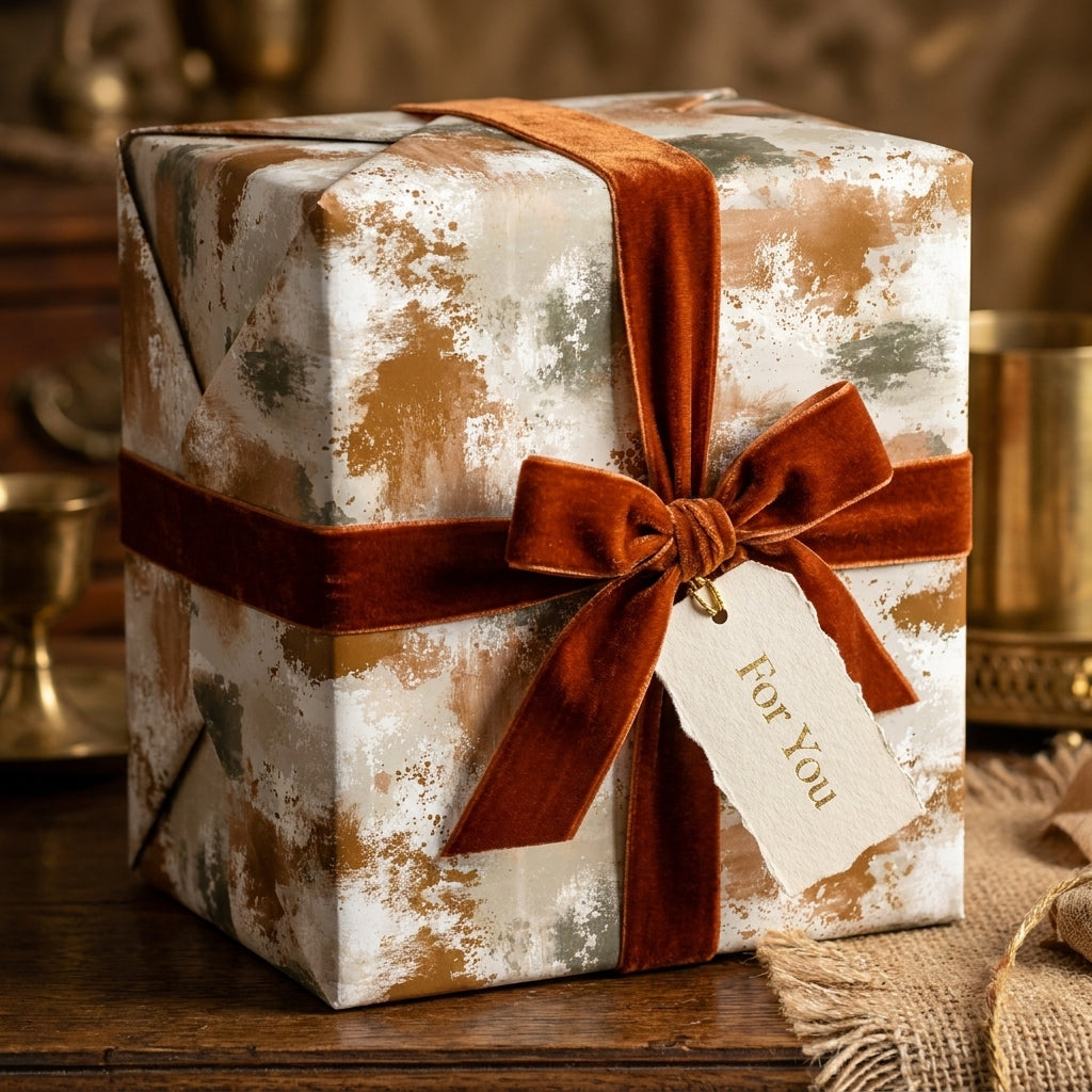 Rustic luxury wrapping paper with earthy abstract print and rust velvet bow by Wrapped Studios.