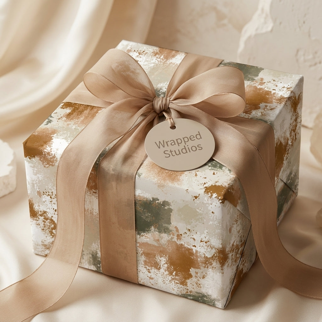 Modern abstract wrapping paper in sage green and terracotta with a champagne bow by Wrapped Studios.
