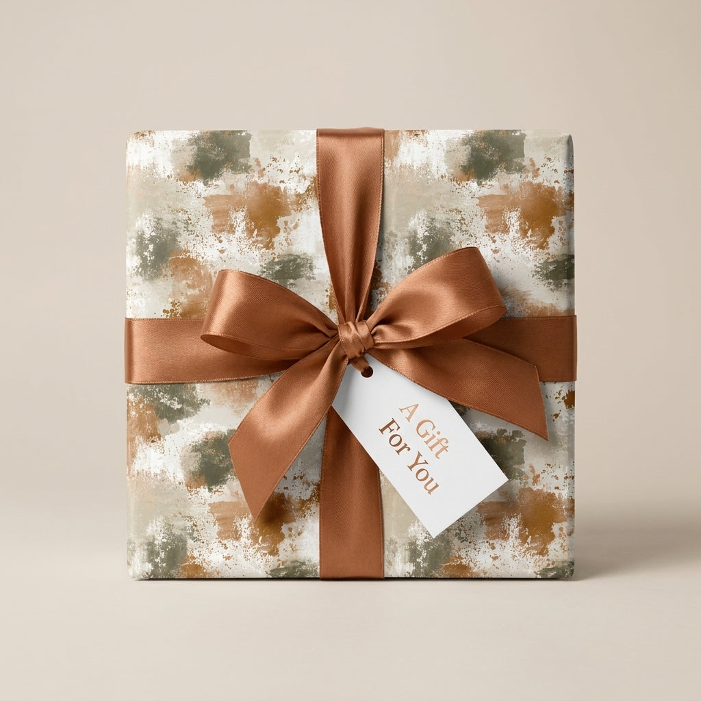 Modern abstract luxury gift wrap in earthy terracotta and green with a brown satin bow by Wrapped Studios.