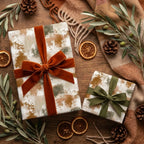Earthy abstract wrapping paper with luxury velvet bows in a cozy rustic setting by Wrapped Studios.