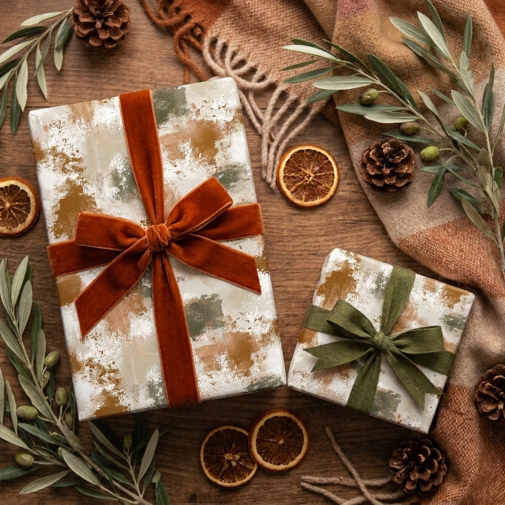 Earthy abstract wrapping paper with luxury velvet bows in a cozy rustic setting by Wrapped Studios.