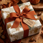 Rustic fall wrapping paper with abstract earthy print, terracotta ribbon, and gift tag by Wrapped Studios.