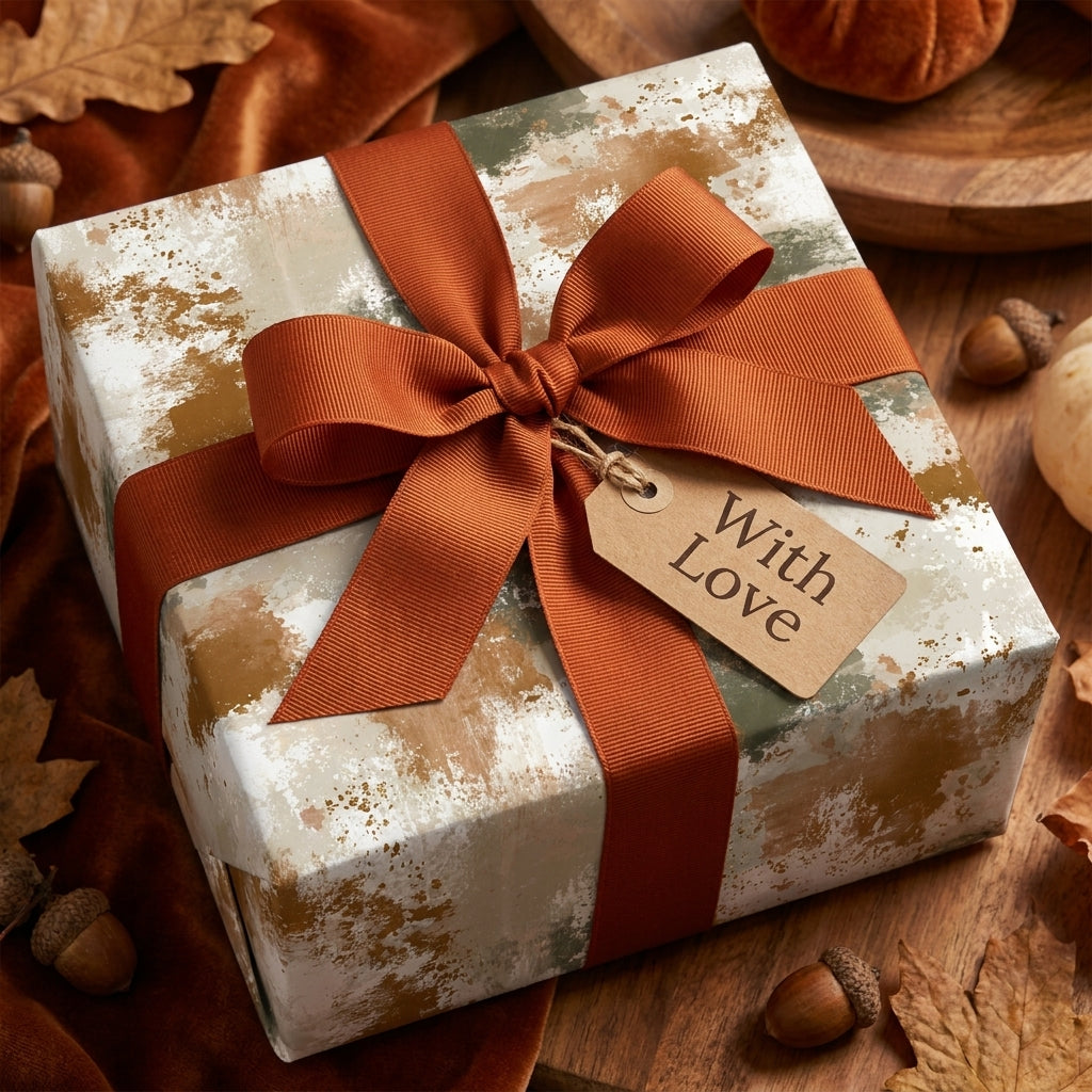 Rustic fall wrapping paper with abstract earthy print, terracotta ribbon, and gift tag by Wrapped Studios.