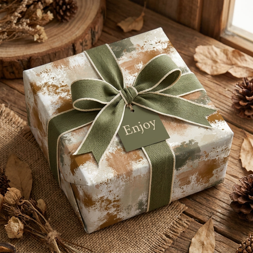Rustic abstract wrapping paper in earth tones with a sage green ribbon by Wrapped Studios.