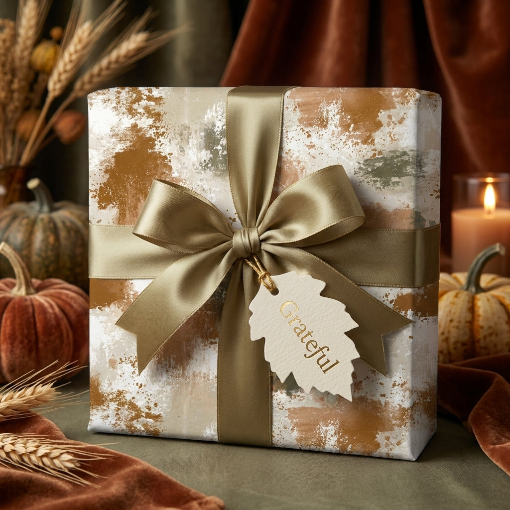 Autumn wrapping paper with abstract rust and sage design, gold bow, and Grateful tag by Wrapped Studios.