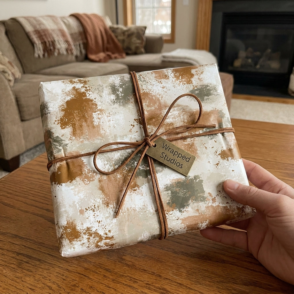 Rustic abstract wrapping paper in terracotta and sage green with a leather bow by Wrapped Studios.