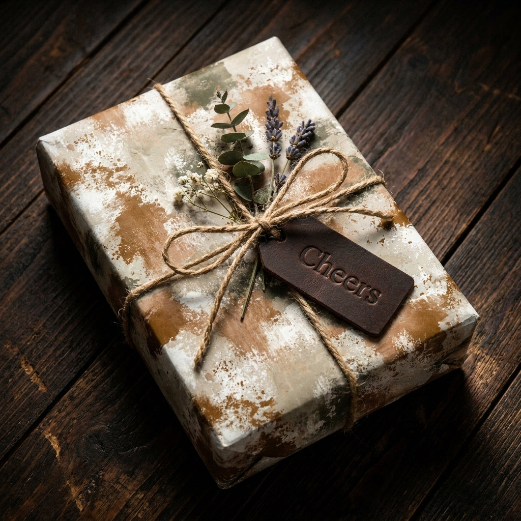 Rustic earth tone wrapping paper with twine, lavender, and leather Cheers tag by Wrapped Studios.