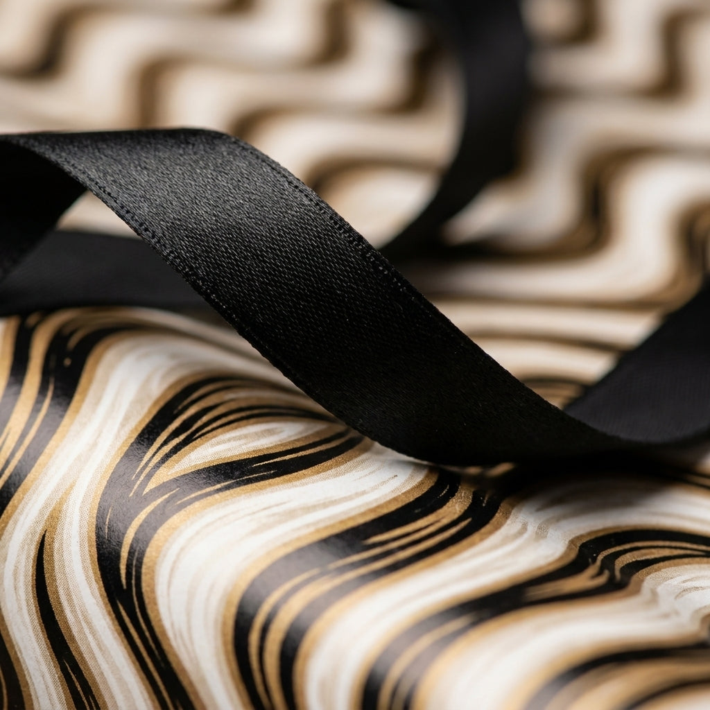 Elegant black and gold wavy wrapping paper with a black ribbon, luxury gift wrap by Wrapped Studios.