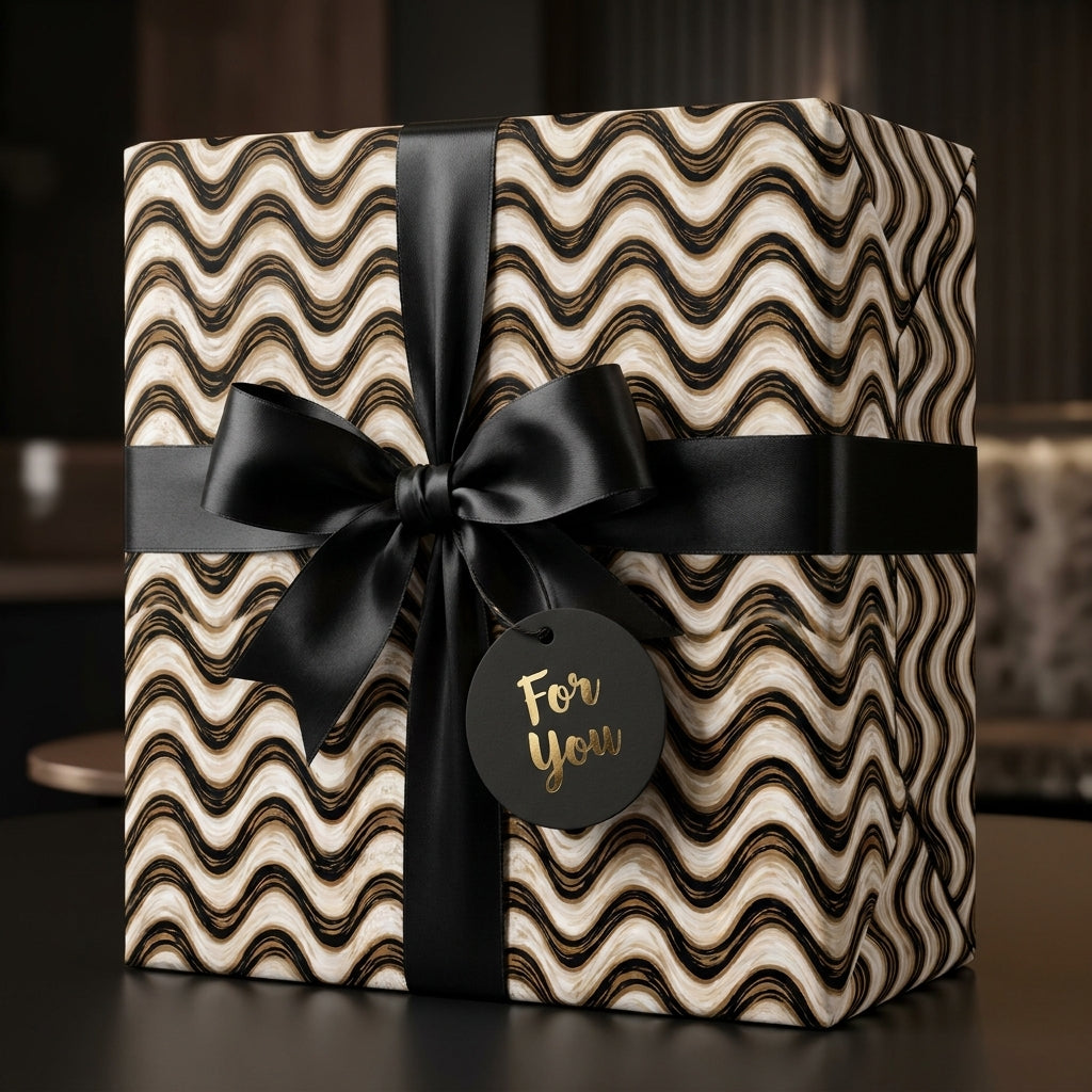 Modern black and gold wavy wrapping paper on a luxury gift box with satin bow by Wrapped Studios.