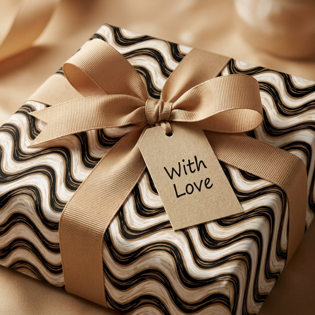 Luxury gift wrap with modern black and cream wavy pattern, gold ribbon, and gift tag by Wrapped Studios.