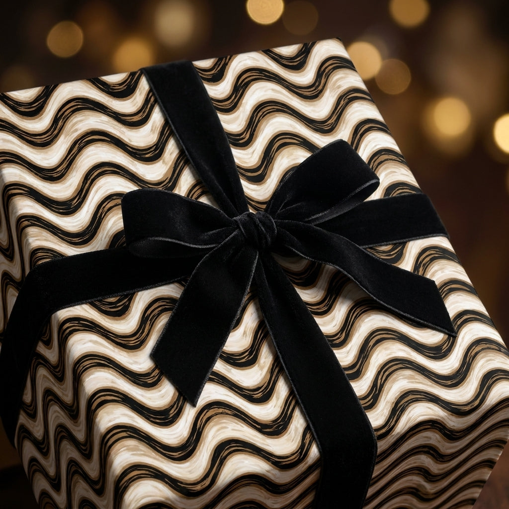 Elegant black and cream wavy wrapping paper with a velvet bow, luxury gift wrap by Wrapped Studios.