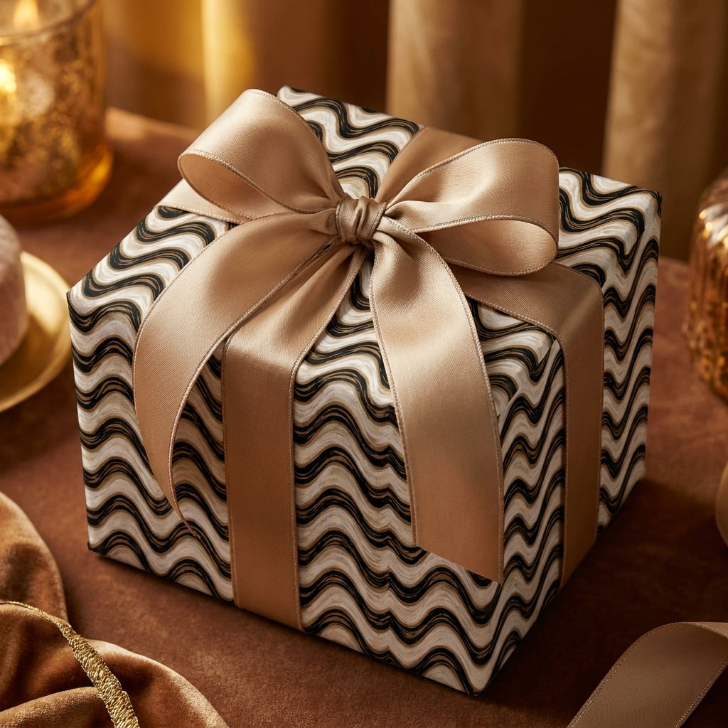 Luxury gift wrap with black and cream wavy pattern and a gold satin bow by Wrapped Studios.