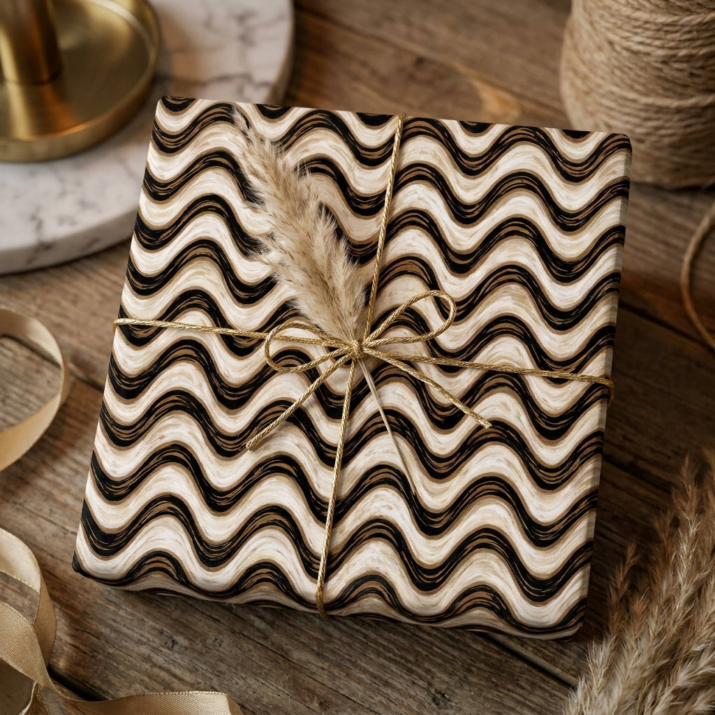 Boho neutral wavy wrapping paper tied with gold string and dried pampas grass by Wrapped Studios.