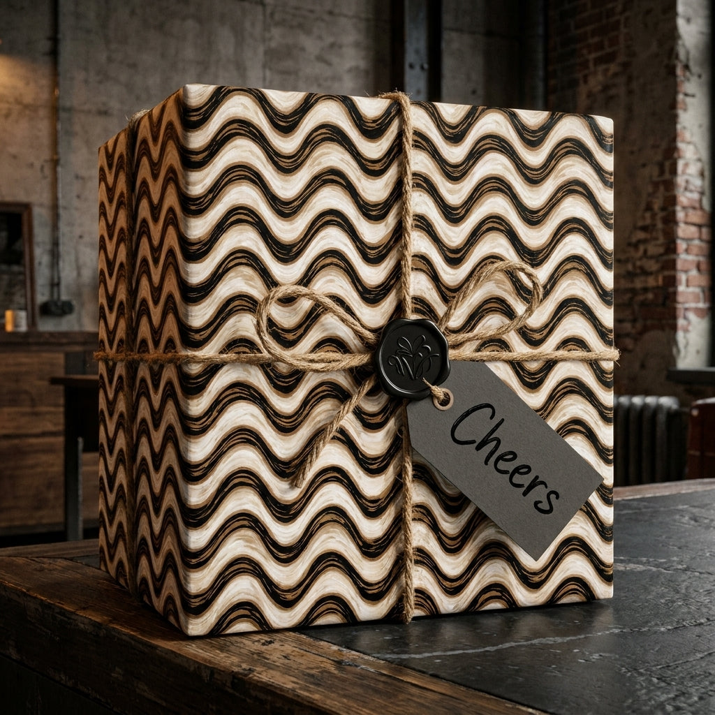 Modern black and cream wavy wrapping paper with rustic twine bow on a gift box by Wrapped Studios.