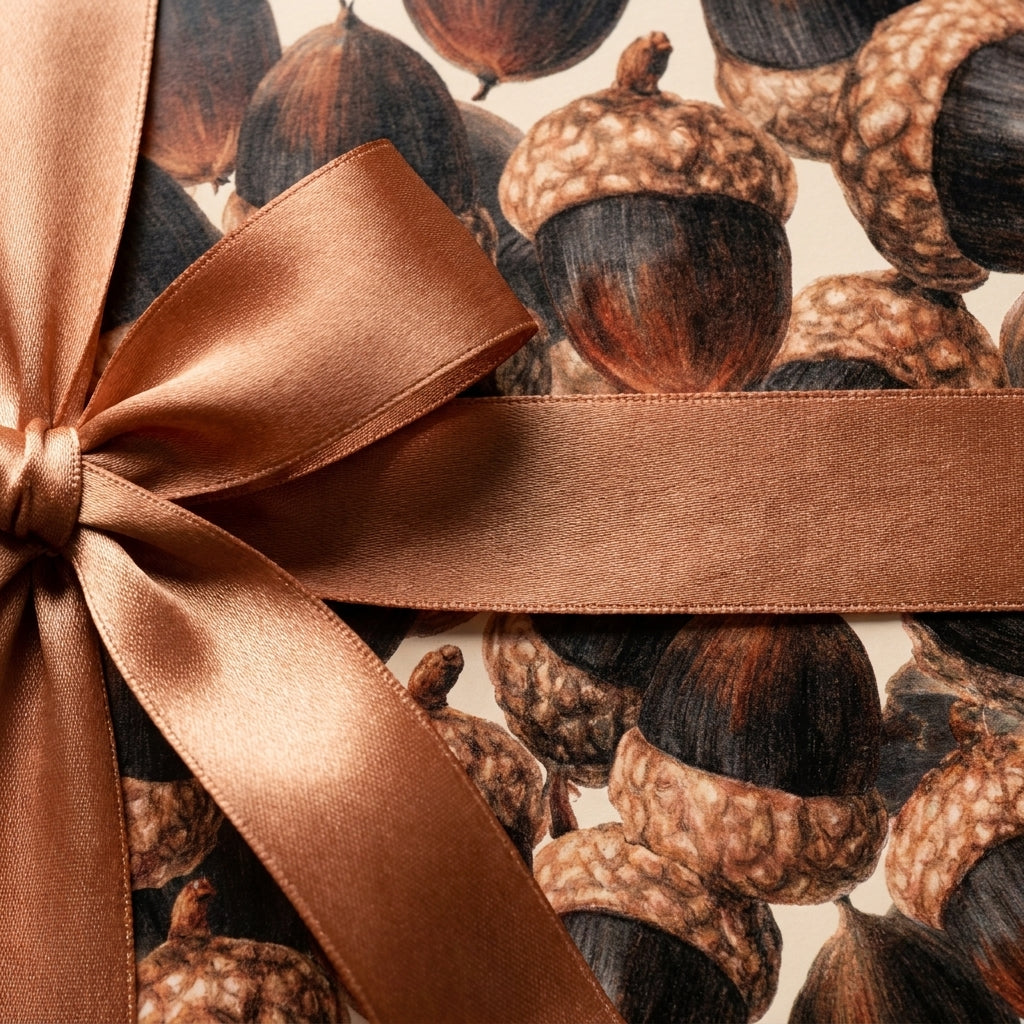 Acorn fall wrapping paper with a copper ribbon. Vintage autumn gift wrap by Wrapped Studios.