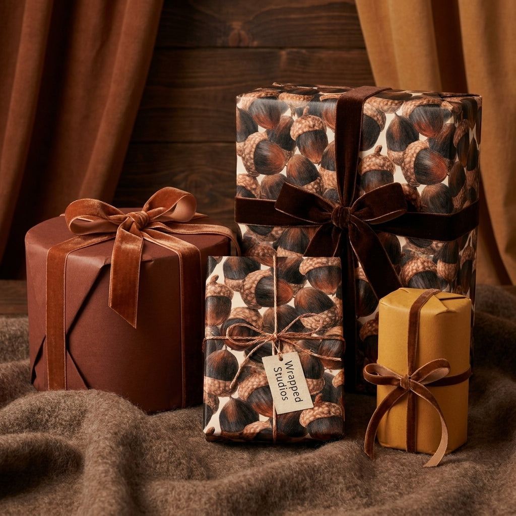Rustic acorn woodland wrapping paper and autumn gift wrap with velvet ribbons by Wrapped Studios.