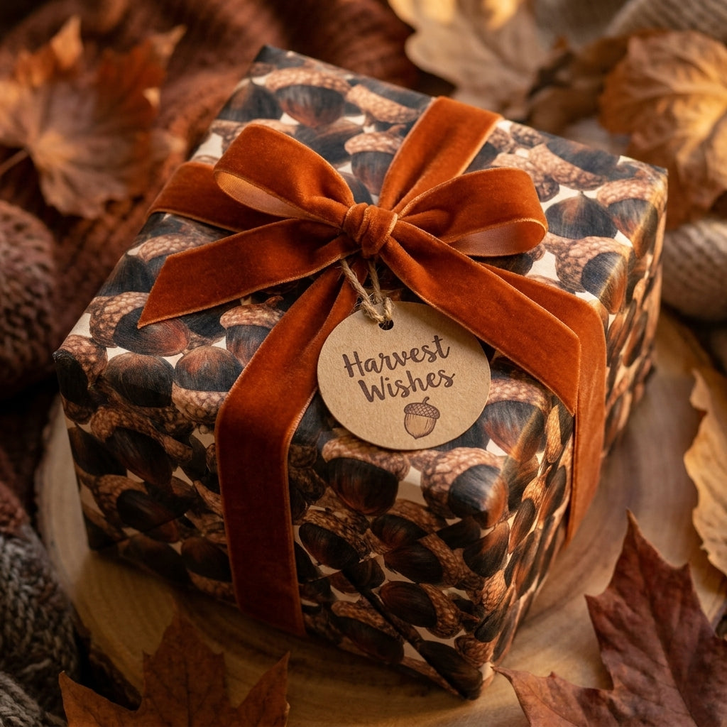 Autumn acorn wrapping paper with a burnt orange velvet bow and Harvest Wishes tag by Wrapped Studios.