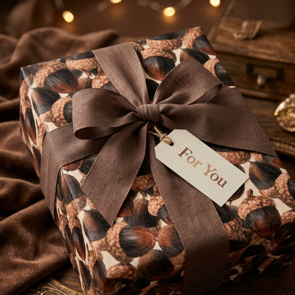 Rustic acorn wrapping paper with a brown linen bow and gift tag by Wrapped Studios.